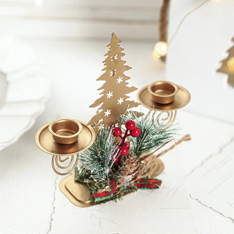 Christmas Gold Iron Candle Holder with Artificial Snowy Pine Needles Reindeer snowflake Candlestick New year xmas table decor