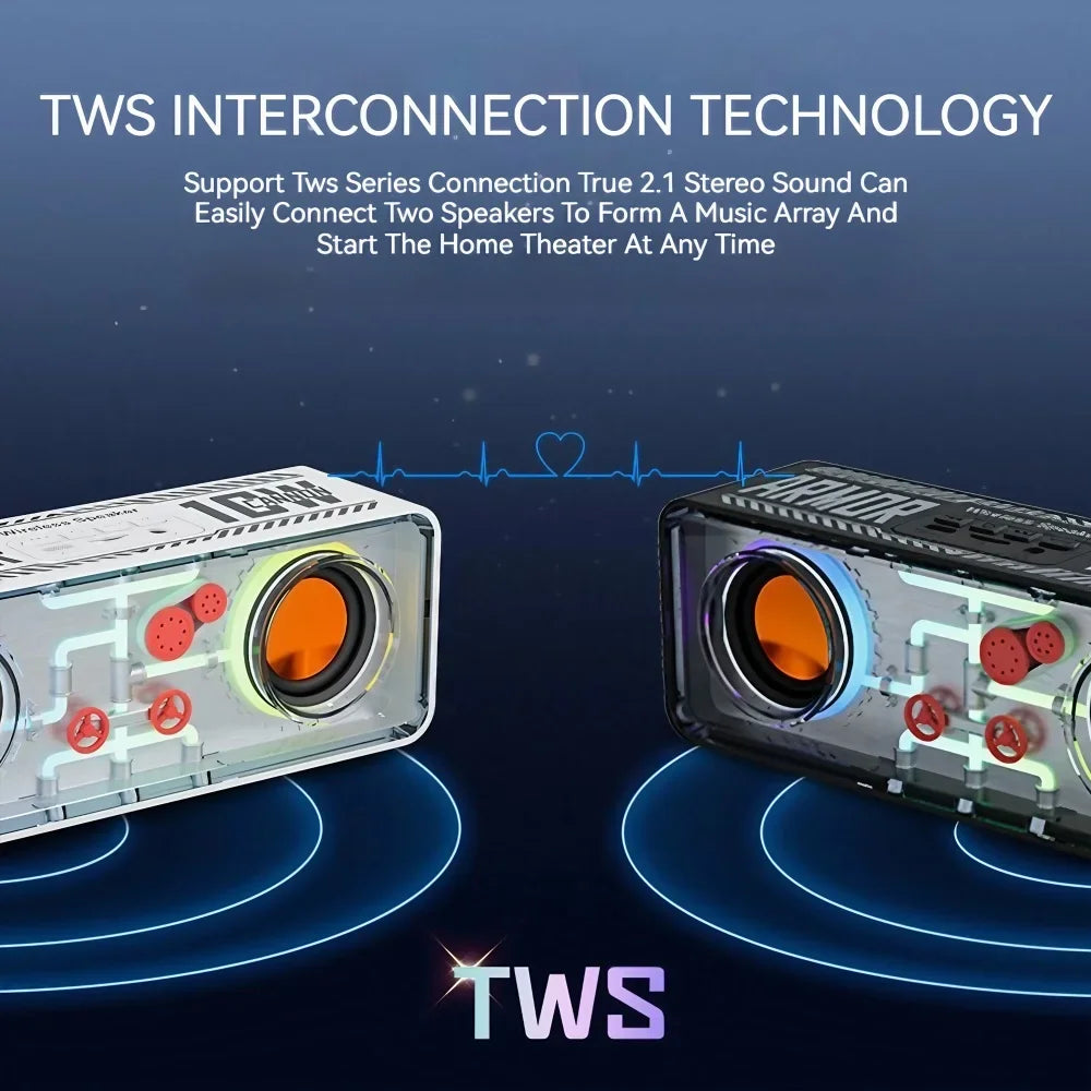 STONEGO LED TWS Bass Vibro-Sound Bluetooth Speakers - PUNK Style Dual Transparent Mechanical Wireless Speakers