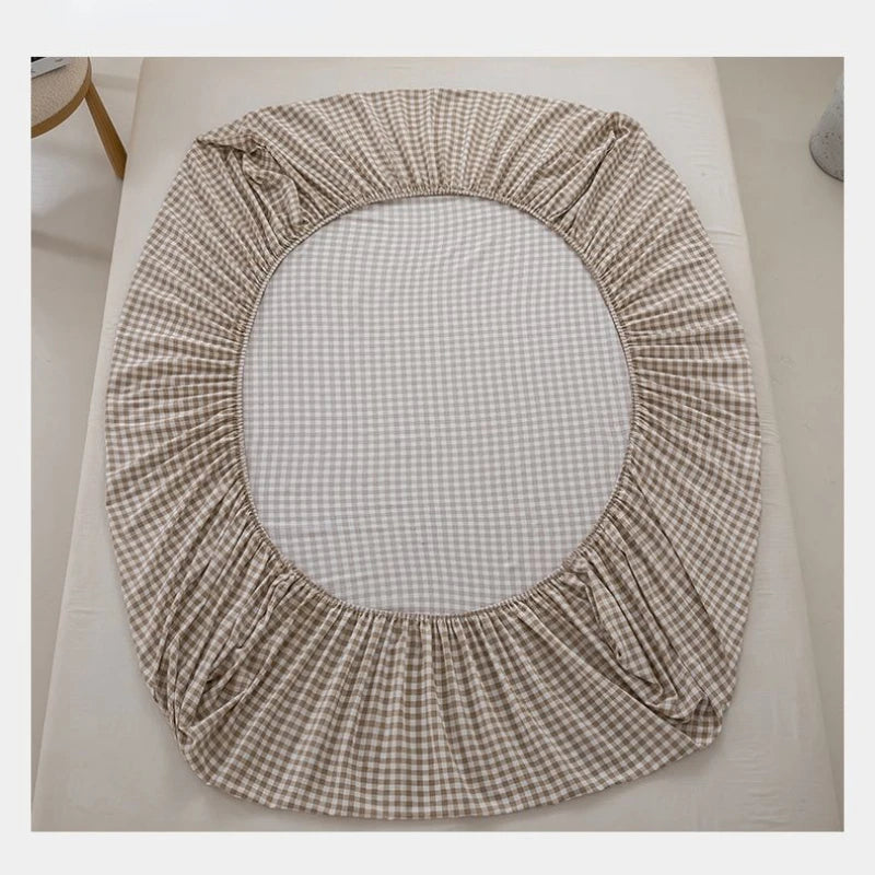 Korea Style Checkered Fitted Sheet - Single & Adult Couple, Washed Cotton Bed Cover, Mattress Protector, Fully Enclosed Package 