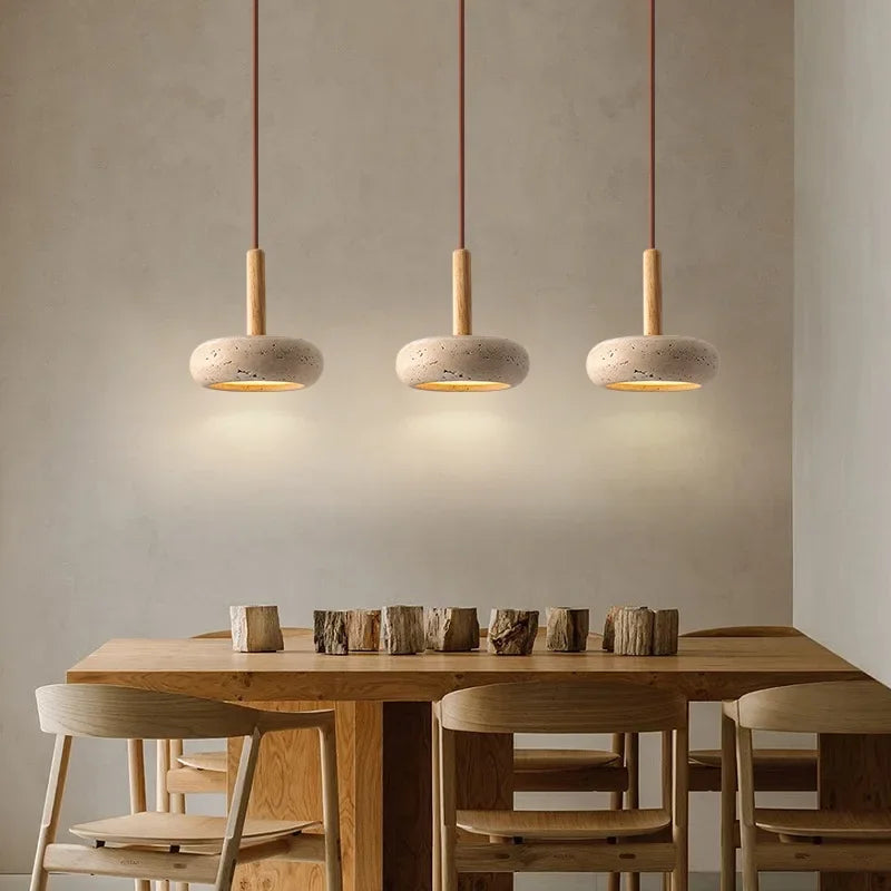 Japanese Style Stone Pendant Light - Travertine Suspension Ceiling Hanging Lamp for Kitchen Island & Living Room 