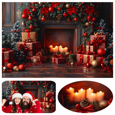 Christmas Fireplace Background Winter Xmas Tree Shining Candle Balloon Gifts Party Decor Child Backdrop Portrait Photo Studio 