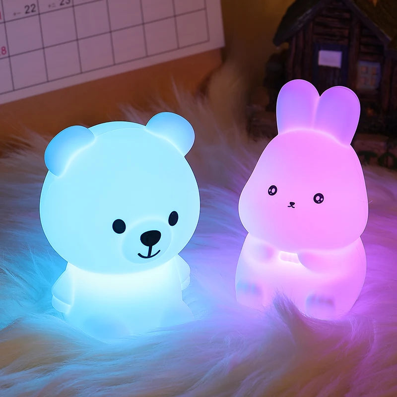 Children's Night Light – Cute Rabbit and Bear Mini Soft Silicone Lamp, Colorful Battery-Powered Desktop Decor, Kid's Christmas Gift 