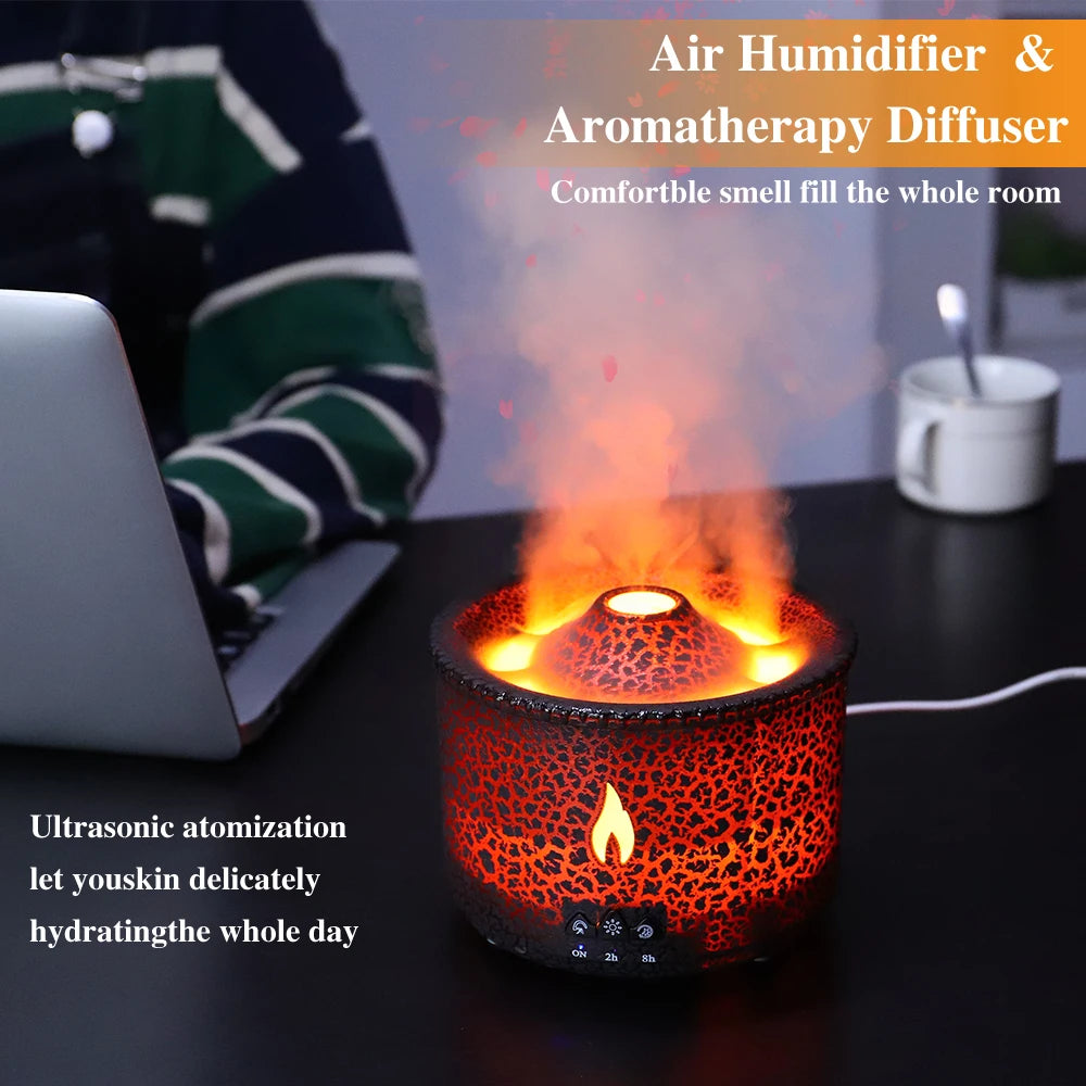 Volcano Fire Flame Air Humidifier & Aroma Diffuser – Essential Oil with Remote Control, Jellyfish Design for Home Fragrance and Mist Making