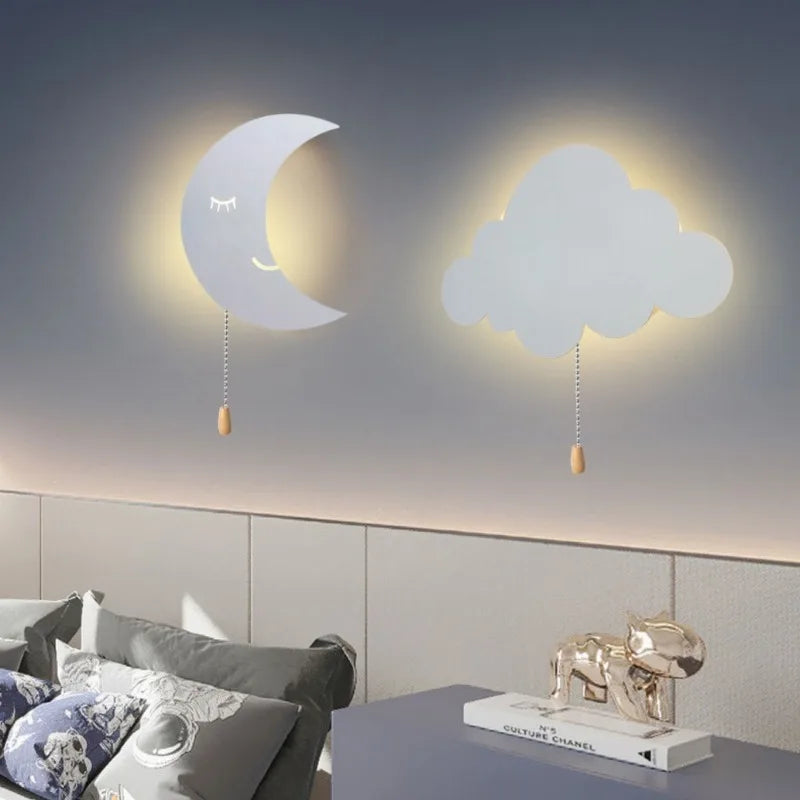 Cartoon Wall Lamp – Moon & Cloud Design, Mobile Charging, Creative LED Lights for Children's Bedroom Decor