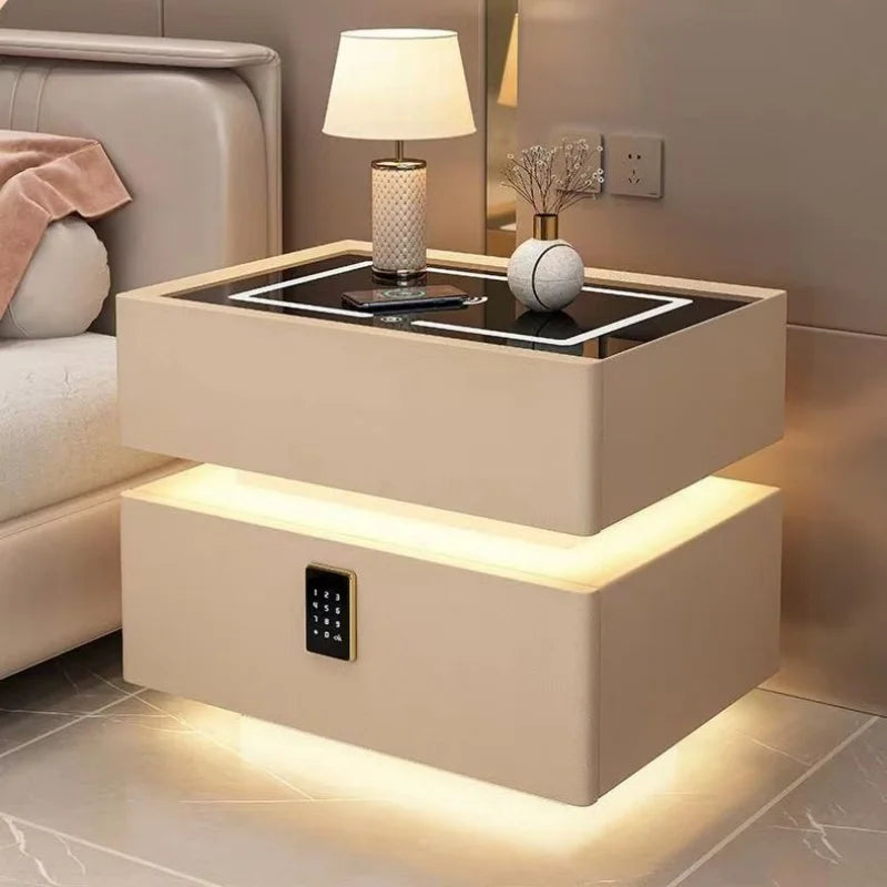 Modern Style Solid Wood Bedside Table with Wireless Charging - Smart Nightstand with 2 Drawers and Lock, 40cm