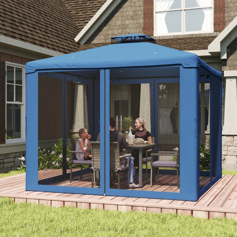 9.6' x 9.6' Patio Gazebo Outdoor Pavilion 2 Tire Roof Canopy Shelter Garden, Steel Frame w/ Mosquito Netting, Dark Blue