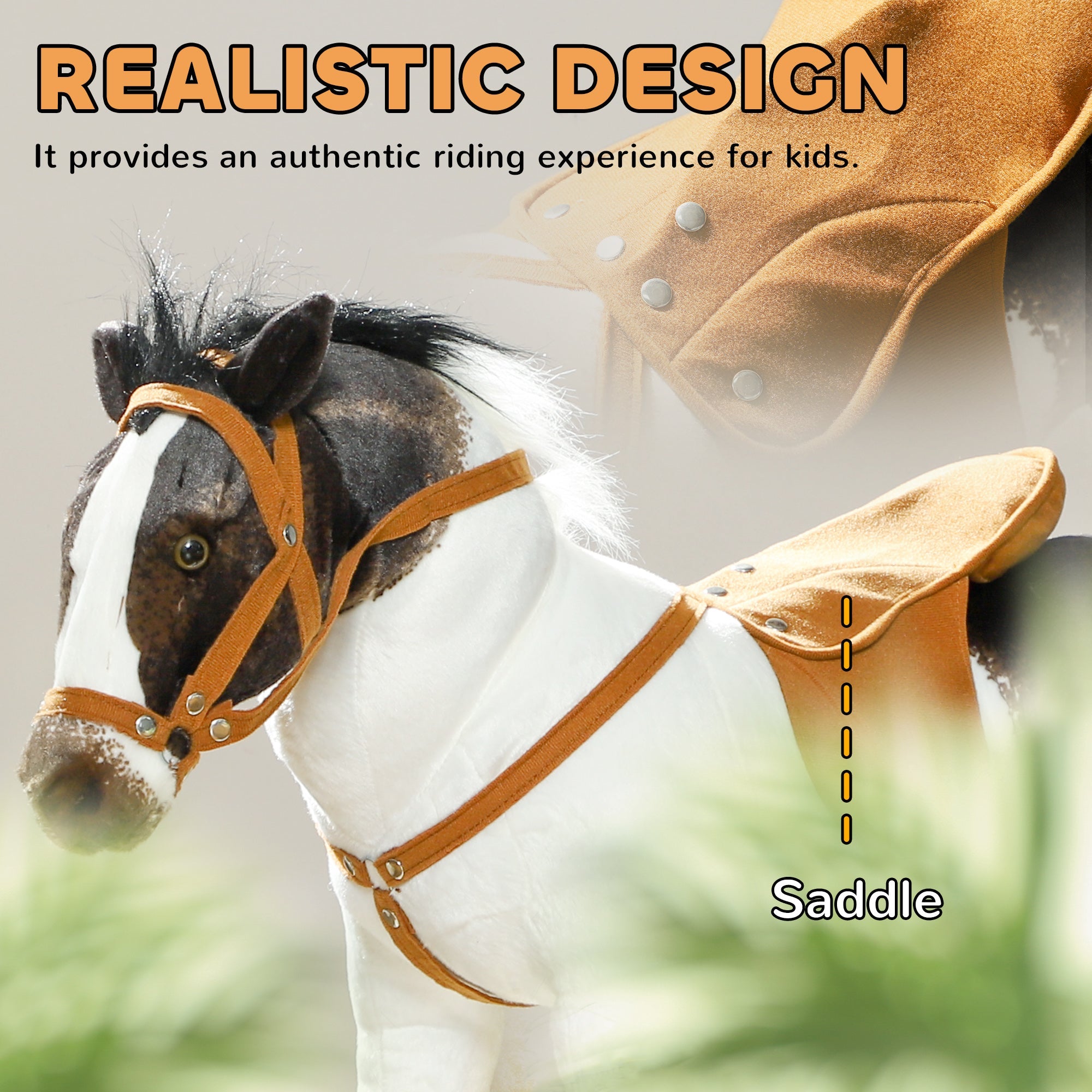 Qaba Standing Ride on Horse, Plush Pony Toy for Kids with Neighing Sound, Soft Padding, for Aged 3-8, Brown 