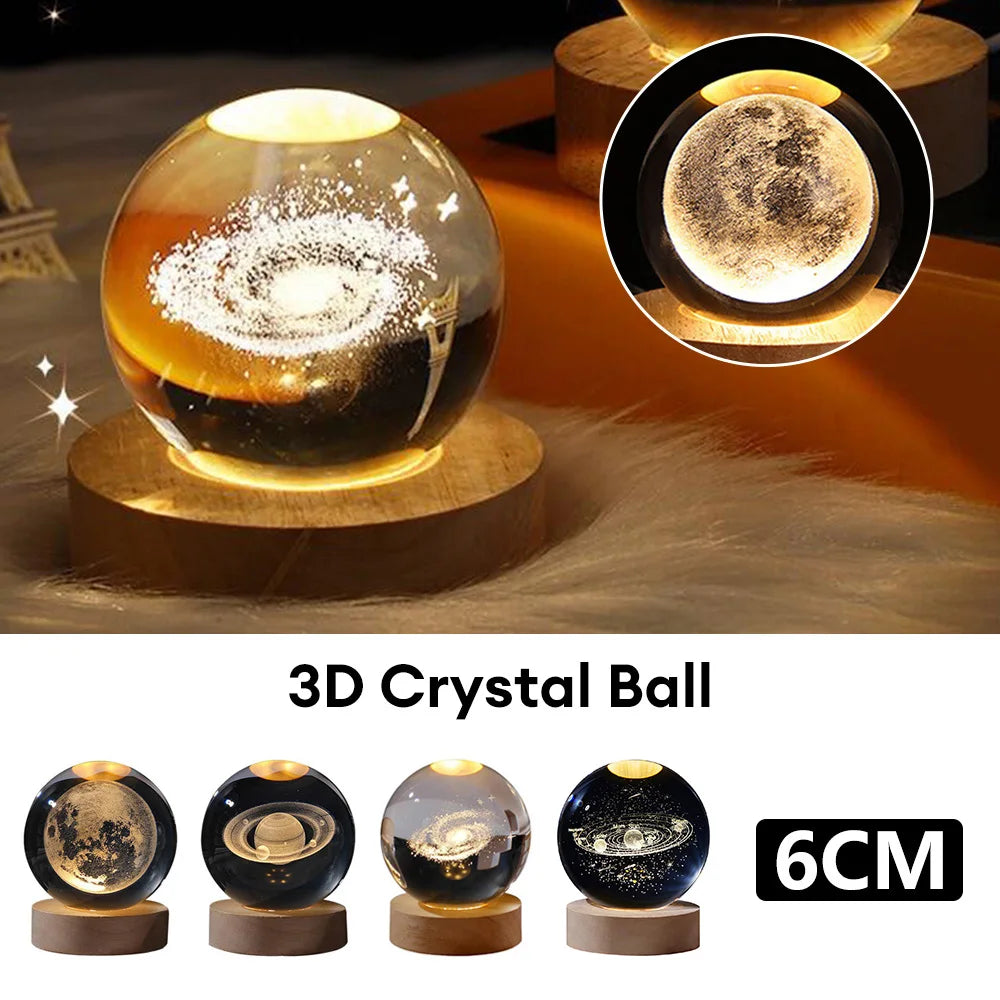 USB LED Night Light Galaxy Crystal Ball Table Lamp – 3D Planet and Moon Design, Bedroom Home Decor, Ideal for Kids, Parties, and Birthday Gifts