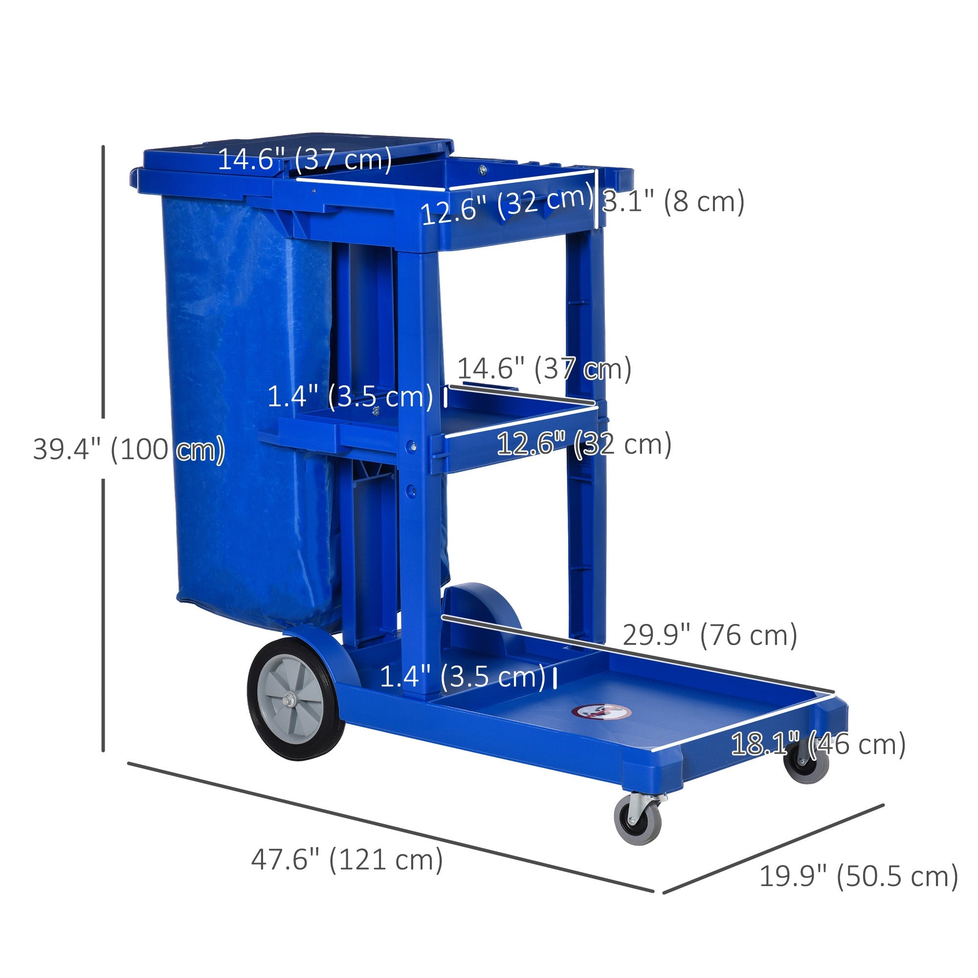 HOMCOM Janitorial Cart Commercial 3 Tier Shelves Cleaning Trolley with Bag Mop Mount for Hotel Restaurant 