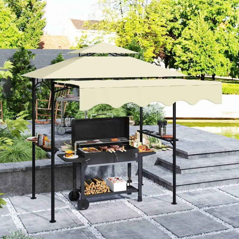 8' x 7.6' Grill Gazebo, Double Tiered Barbecue Grill Gazebo Shelter w/ Side Awning, 2 Side Shelves, 6 Hooks, Beige