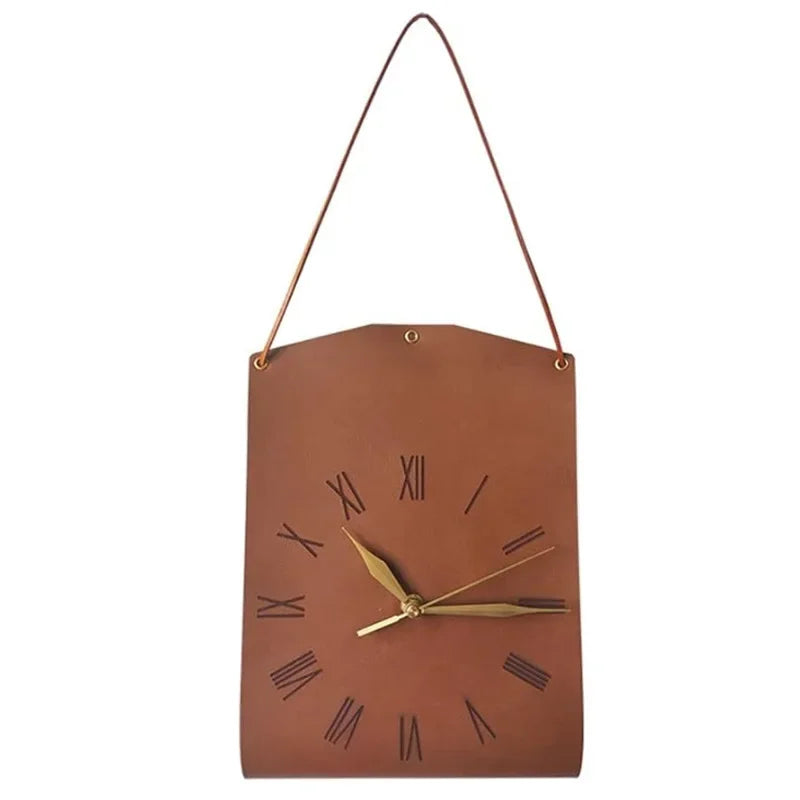 Retro PU Leather Wall Clock Creative Handbag Clock Ornaments Wall-hung Coffee Shop Study Living Room Decorative Wall Clock 