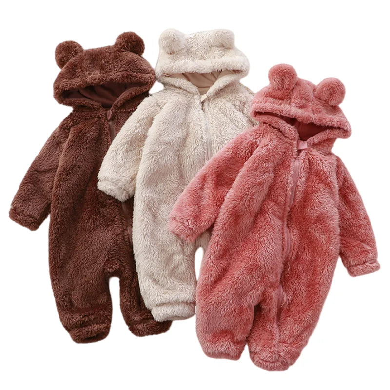 Thick Warm Baby Jumpsuit – Hooded Coral Fleece Bear Shape Infant Pajamas for Winter Newborns