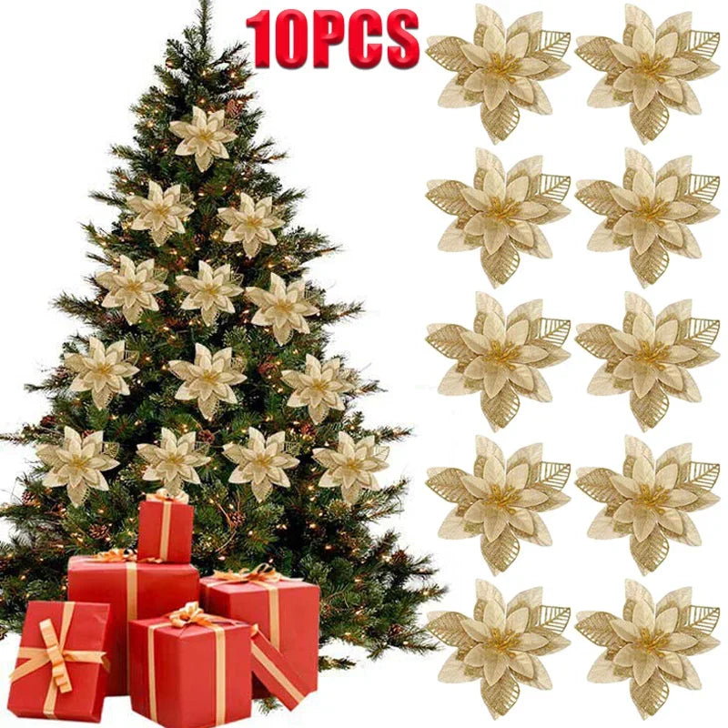 10/5PCS Christmas Decor Artificial Flower Gold Red Xmas Tree Ornaments Big Flower Heads for Home New Year Navidad Party Decor