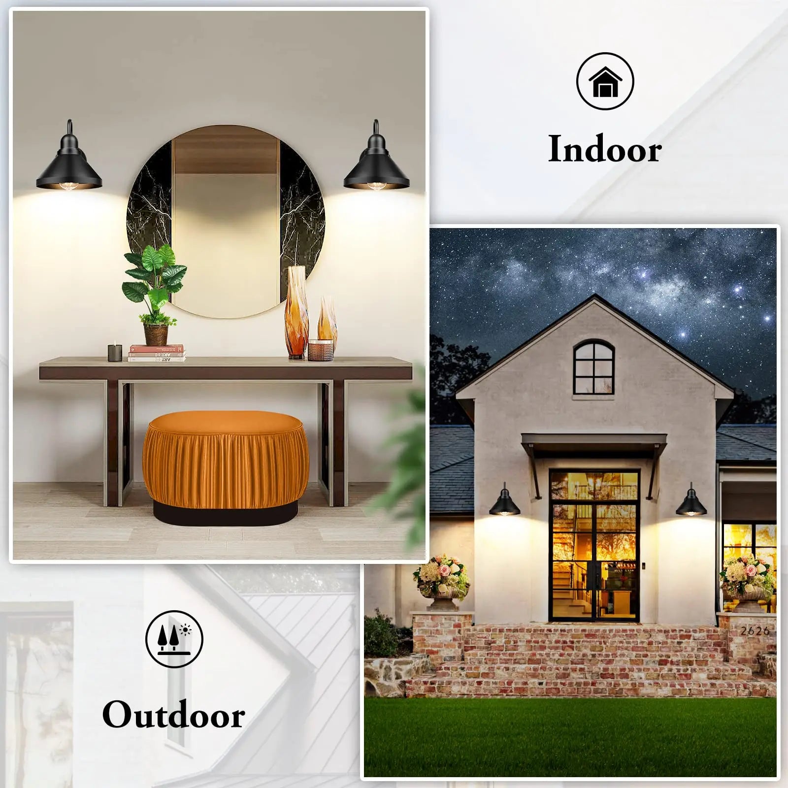 Gooseneck Outdoor Light Fixtures - 2-Pack Farmhouse Barn Lights for Porch, Industrial Black Wall Sconce, E26 Base 