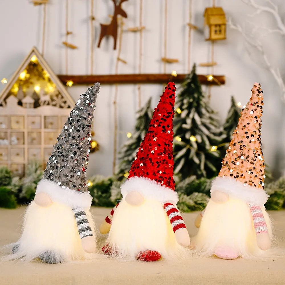 3PCS Christmas Dwarf Christmas Sequins With Lights Rudolph Doll Christmas Desktop Decoration Light Up Faceless Doll Ornament 