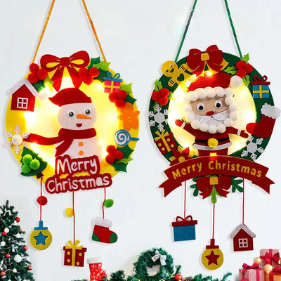 Christmas Wreath with Lights Snowman Elk Father Christmas Hanging Children Handmade Diy Christmas Tree Decoration Christmas Gift 