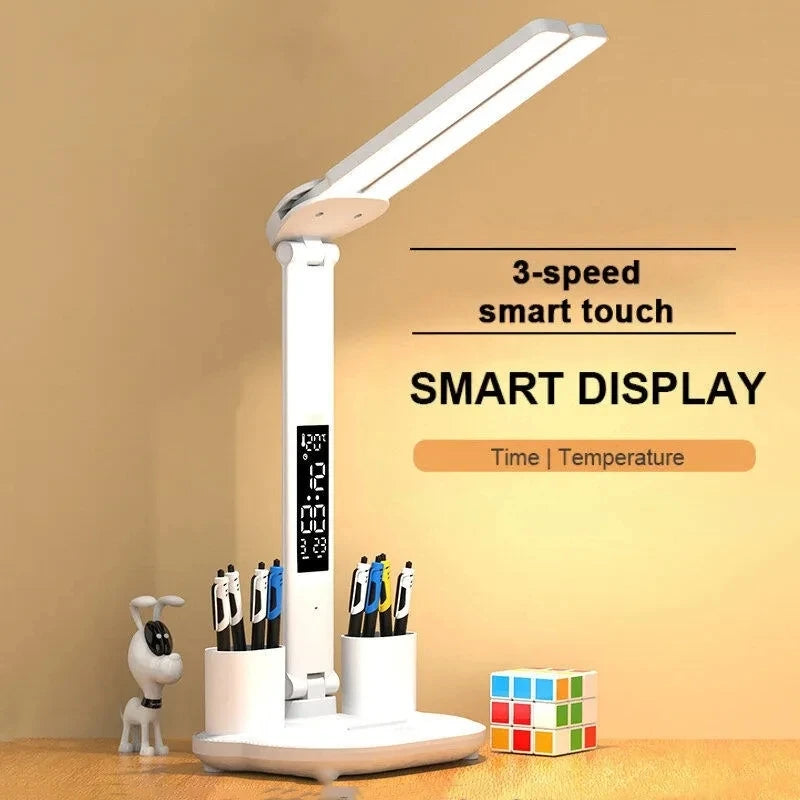 LED Clock Table Lamp - USB Chargeable Dimmable Desk Lamp with 2 Heads, 180° Rotation, Foldable, Eye Protection Reading Night Light 