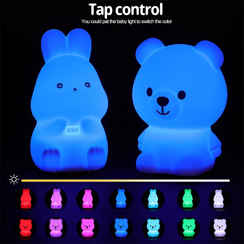 Children's Night Light – Cute Rabbit and Bear Mini Soft Silicone Lamp, Colorful Battery-Powered Desktop Decor, Kid's Christmas Gift 