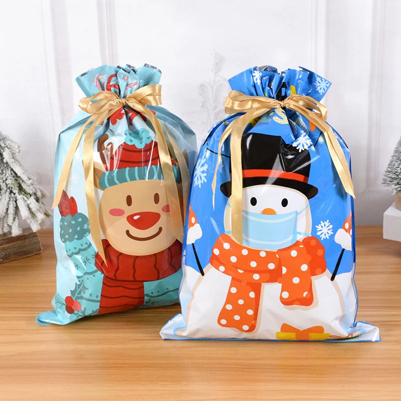 5PCS Christmas Candy Gift Bag Plastic Drawstrings Presents Wrapping Bag Xmas Tree Ornament Christmas Decoration New Year 2023