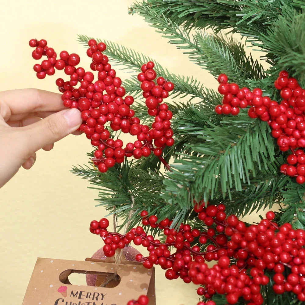 50-1Branch Christmas Artificial Berries Stem Red Holly Berry Fake Flowers Plant For Xmas Tree New Year Party Home Decor Ornament