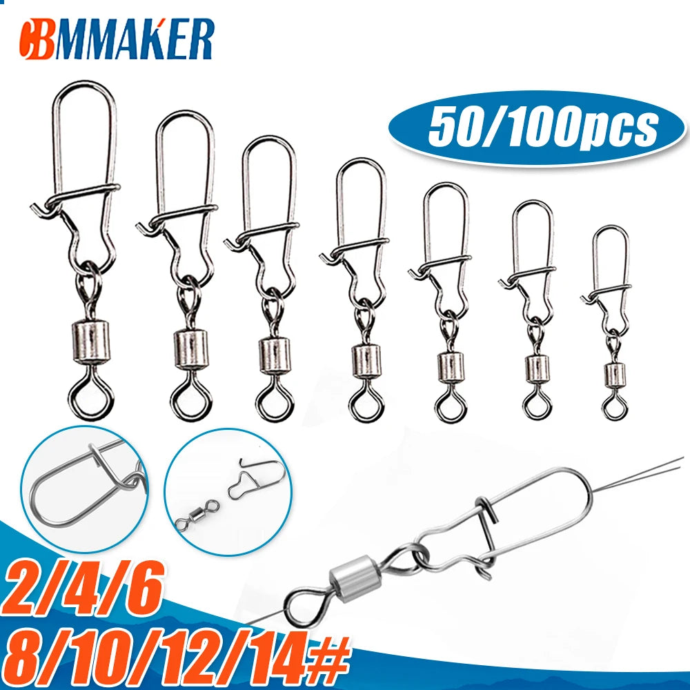 50/100-Piece Stainless Steel Fishing Connector Snap – Bearing Rolling Hooks, Sea Fishing Lure, Multifunction Pin Jig Tackle