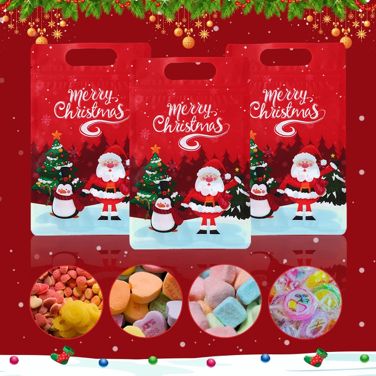 Christmas Santa Zipper Stand Up Bags Christmas Decor For Home 2024 Navidad Natal Noel Xmas Candy Cookie Bags New Year Gift 2025 