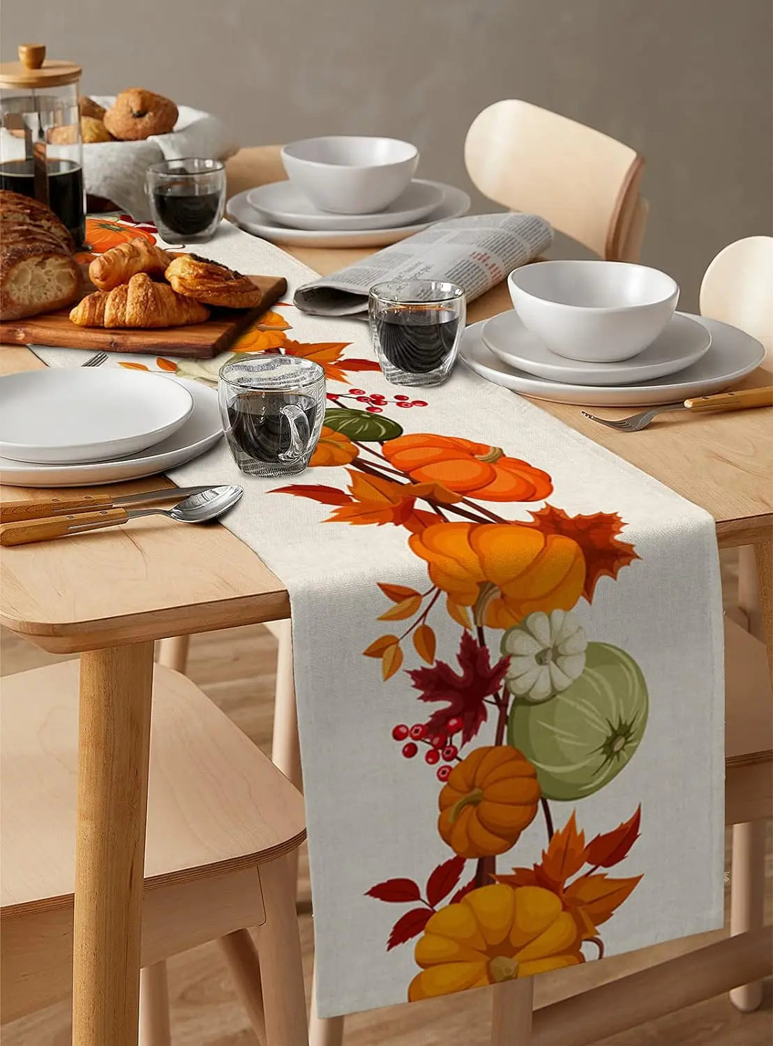Autumn Maple Leaves Harvest Pumpkin Linen Table Runner Washable Fall Thanksgiving Table Runner Kitchen Coffee Dining Table Decor 
