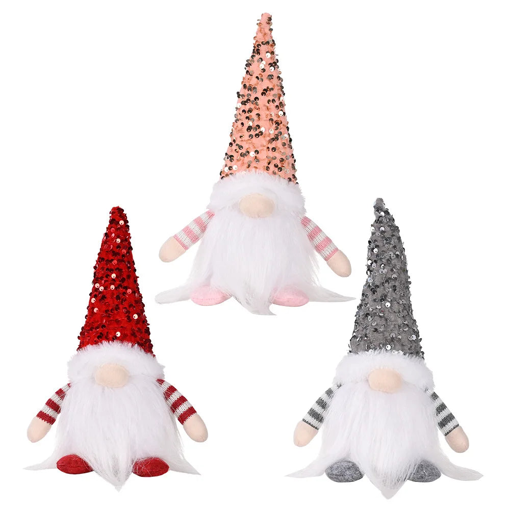 3PCS Christmas Dwarf Christmas Sequins With Lights Rudolph Doll Christmas Desktop Decoration Light Up Faceless Doll Ornament 