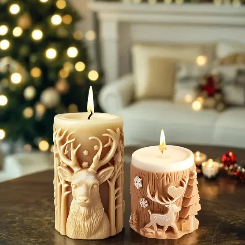 3D Christmas Tree Elk Relief Cylinder Candle Silicone Mold Merry Christmas Letter Snowflake Cylinder Candle Molds Christmas Gift