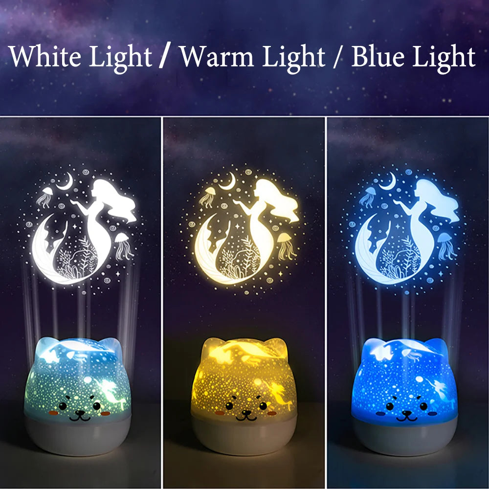 Cute Bear LED Night Lamp – Starry Children’s Music Projector, USB Rechargeable, Rotating Light for Kids Bedside Bedroom Decoration