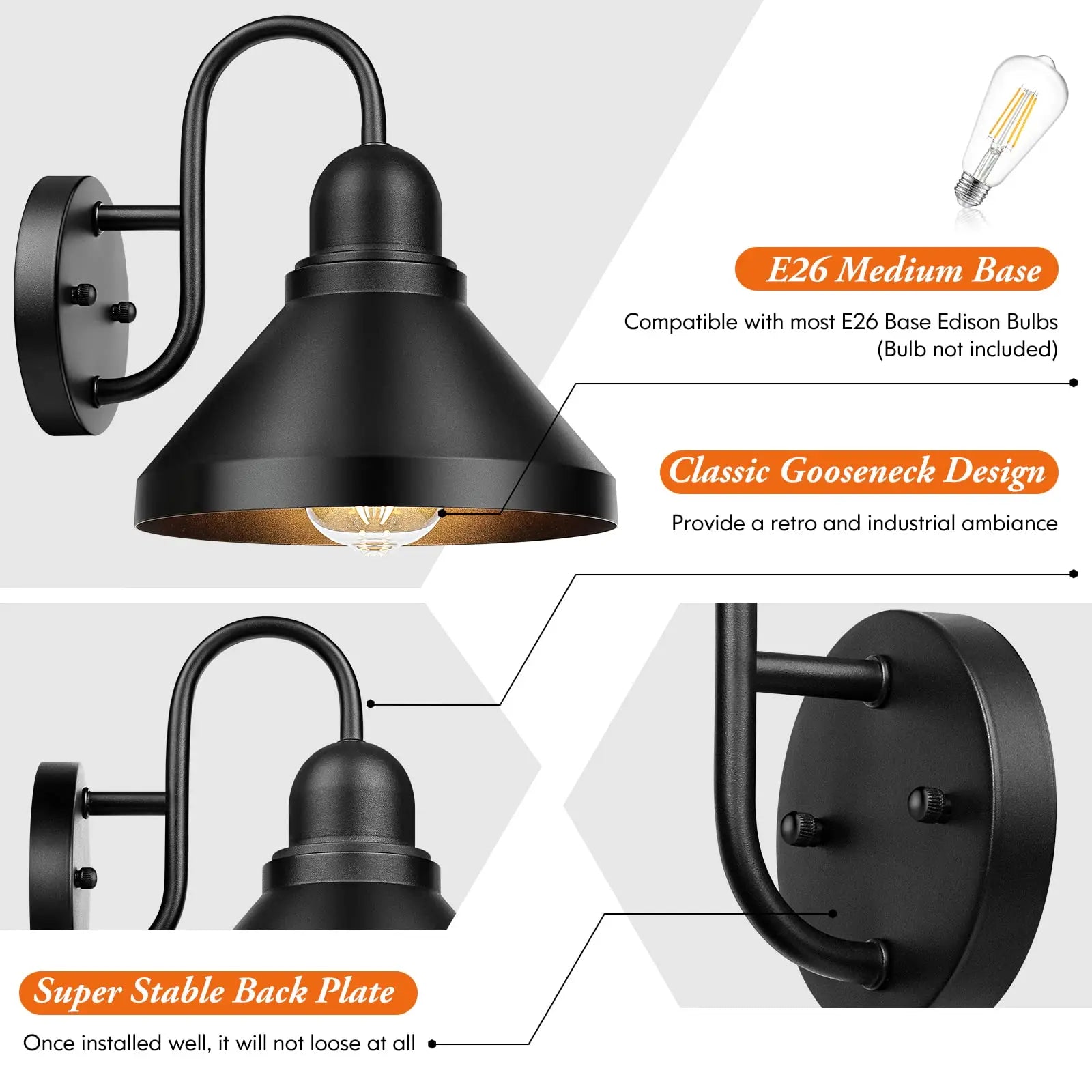 Gooseneck Outdoor Light Fixtures - 2-Pack Farmhouse Barn Lights for Porch, Industrial Black Wall Sconce, E26 Base 