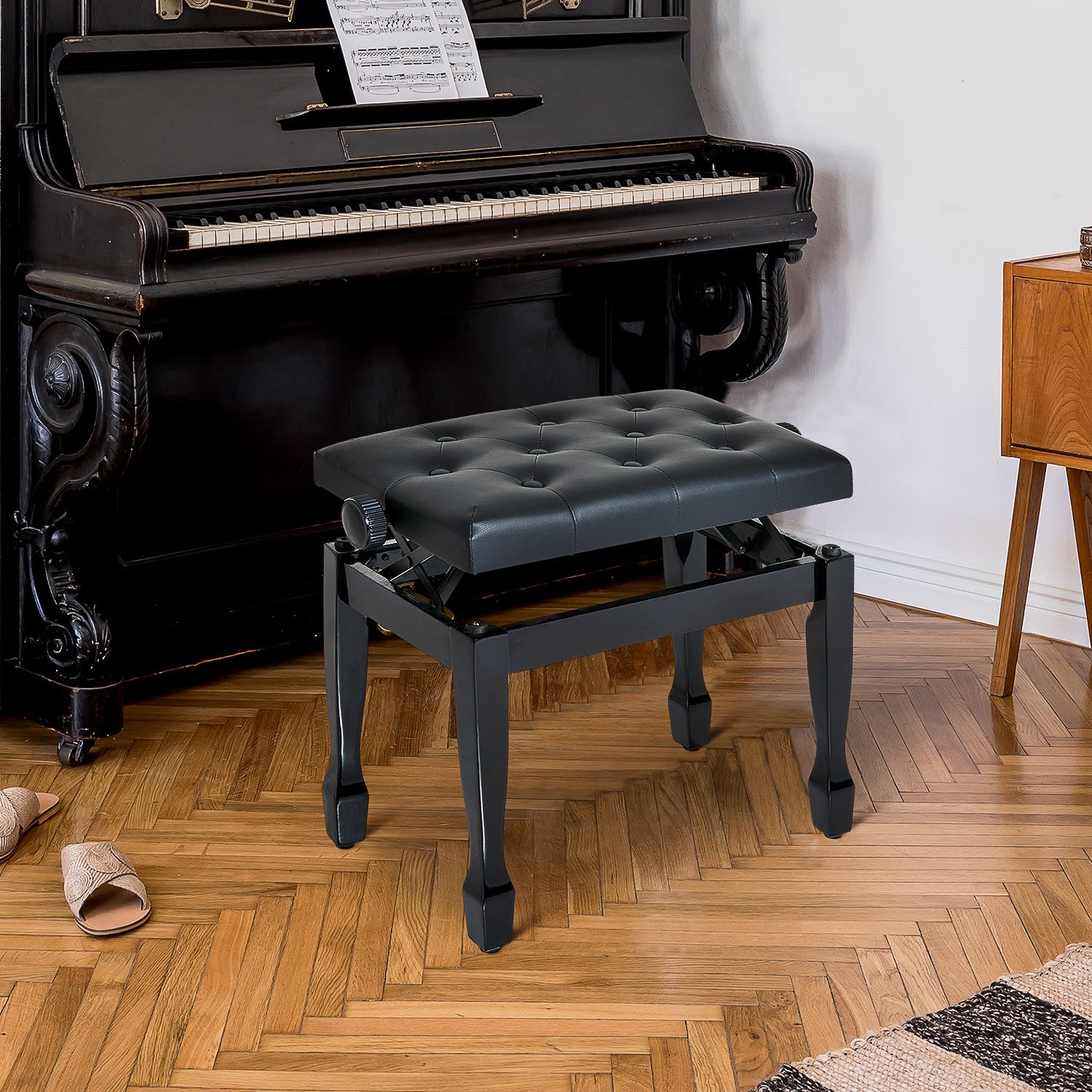 HOMCOM Adjustable Padded Piano Bench 25" Wooden Artist Keyboard Stool Chair Black 