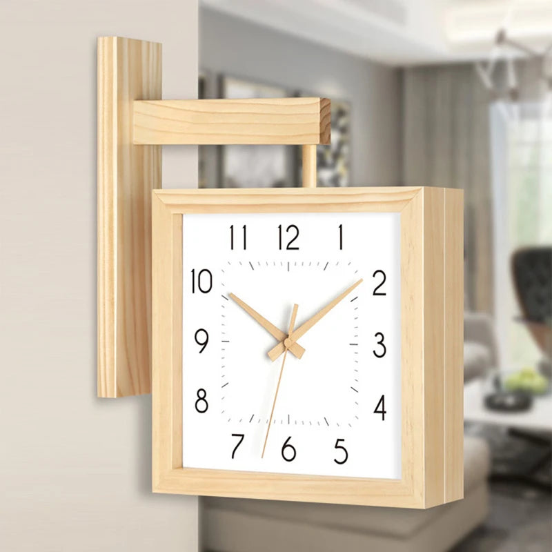 Wooden Double-Sided Wall Clocks – Silent Japanese Style Corner Clocks for Interior Room Decoration & Desk Framework