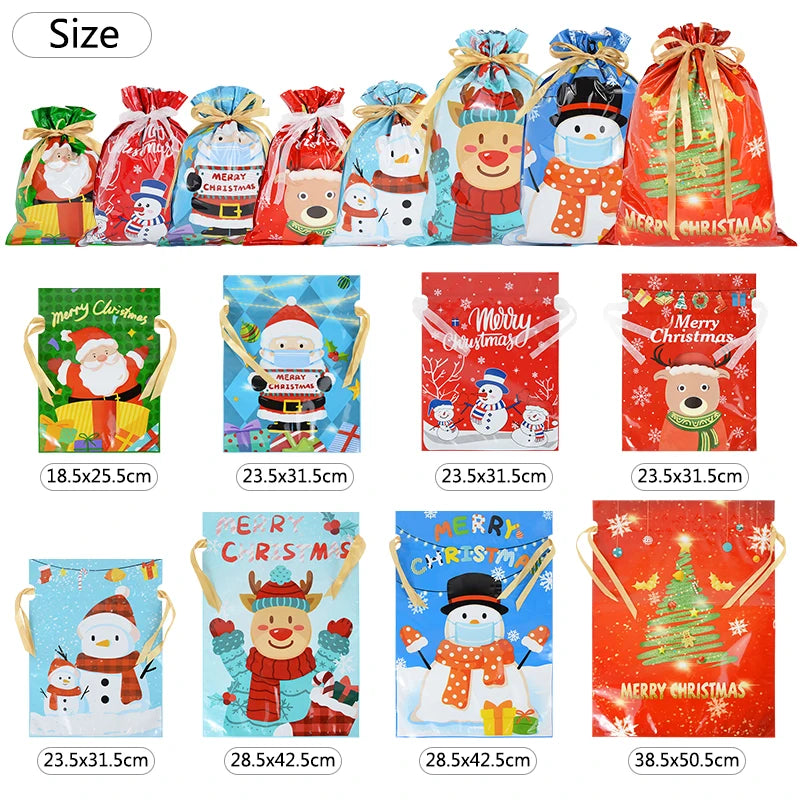 5PCS Christmas Candy Gift Bag Plastic Drawstrings Presents Wrapping Bag Xmas Tree Ornament Christmas Decoration New Year 2023