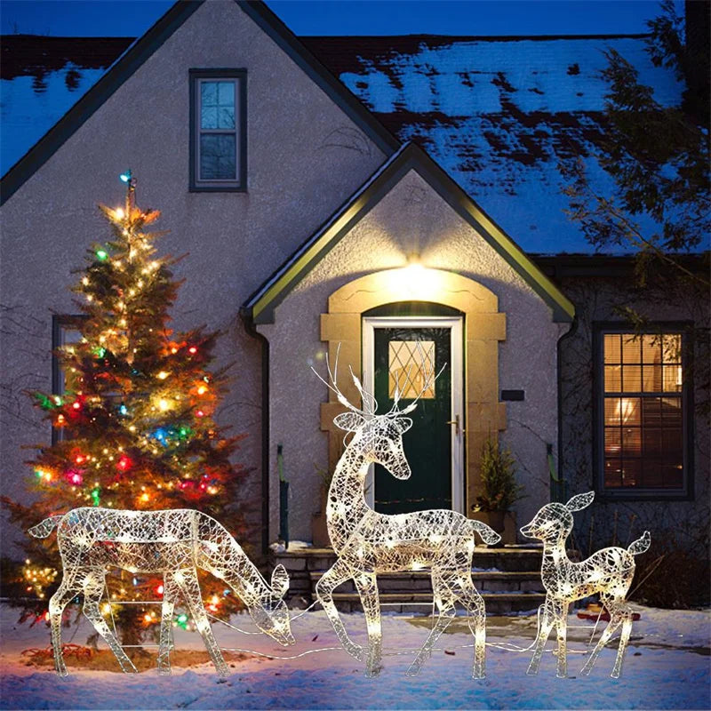 3Pcs Iron Art Elk Deer Christmas Garden Decoration With LED Light Glowing Glitter Reindeer Xmas Home Outdoor Yard Ornament Decor