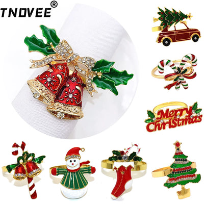 6Pcs Christmas Napkin Rings Bell Reindeer Xmas Tree for Christmas Wedding Thanksgiving Home Kitchen Dinner Table Decorations 