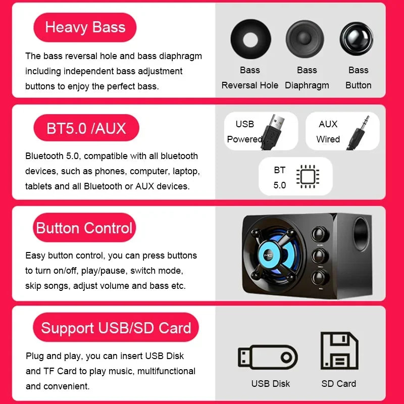 HIFI 3D Stereo Speakers with Colorful LED Lights - Heavy Bass, AUX, USB, Wired & Wireless Bluetooth Audio Home Theater Sound Bar 