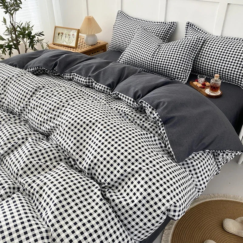 Black & White Small Checks Printed Bed Set – Floral Duvet Cover, Pillowcase, Bedding Set, Bed Sheet, Quilt Cover, Single/Queen/King Size