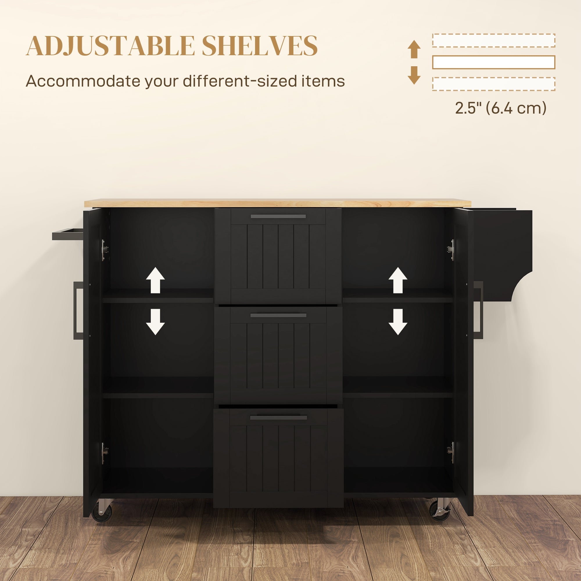 HOMCOM Rolling Kitchen Cart on Wheels with Drop Leaf, Kitchen Island with 3 Drawers, Solid Wood Top and Towel Rack, Black 