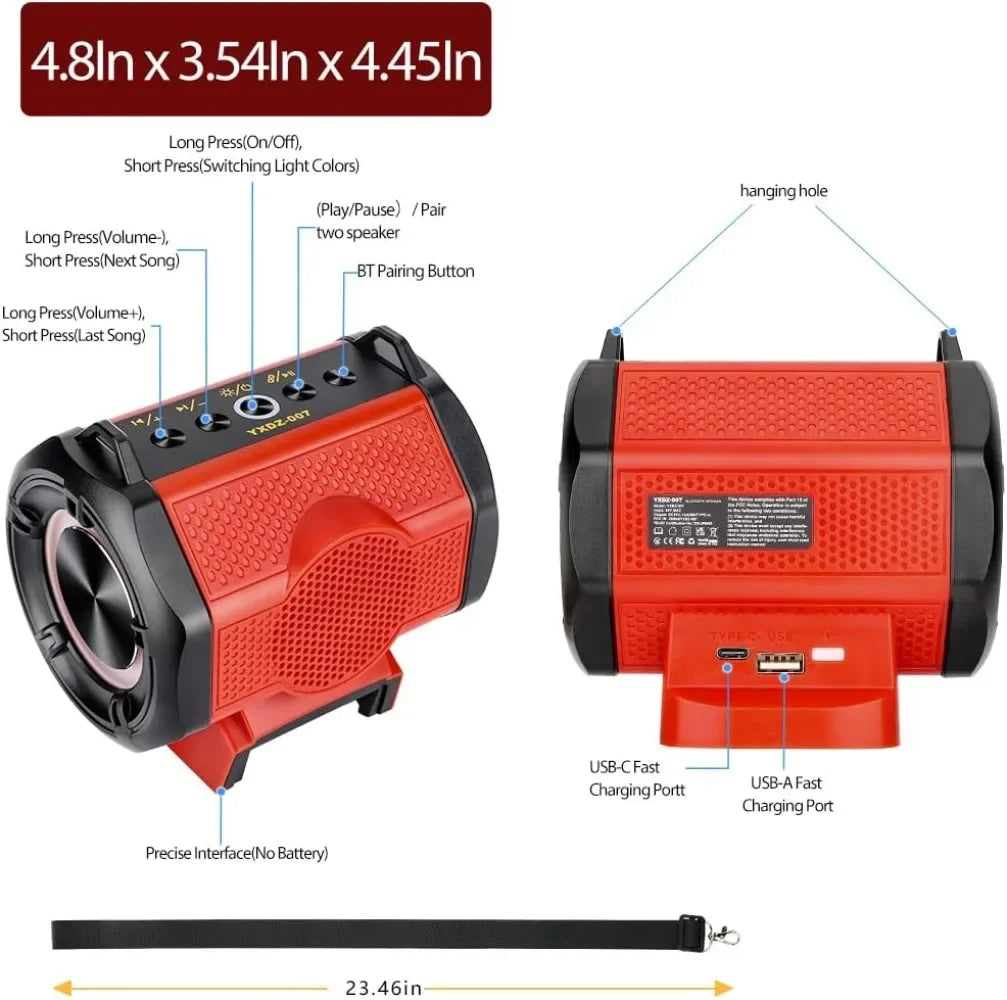 Portable Bluetooth Speaker Stereo Player - Cordless Loudspeaker Amplifier for Milwaukee 18V Li-ion Battery, USB, Party & Outdoor Use