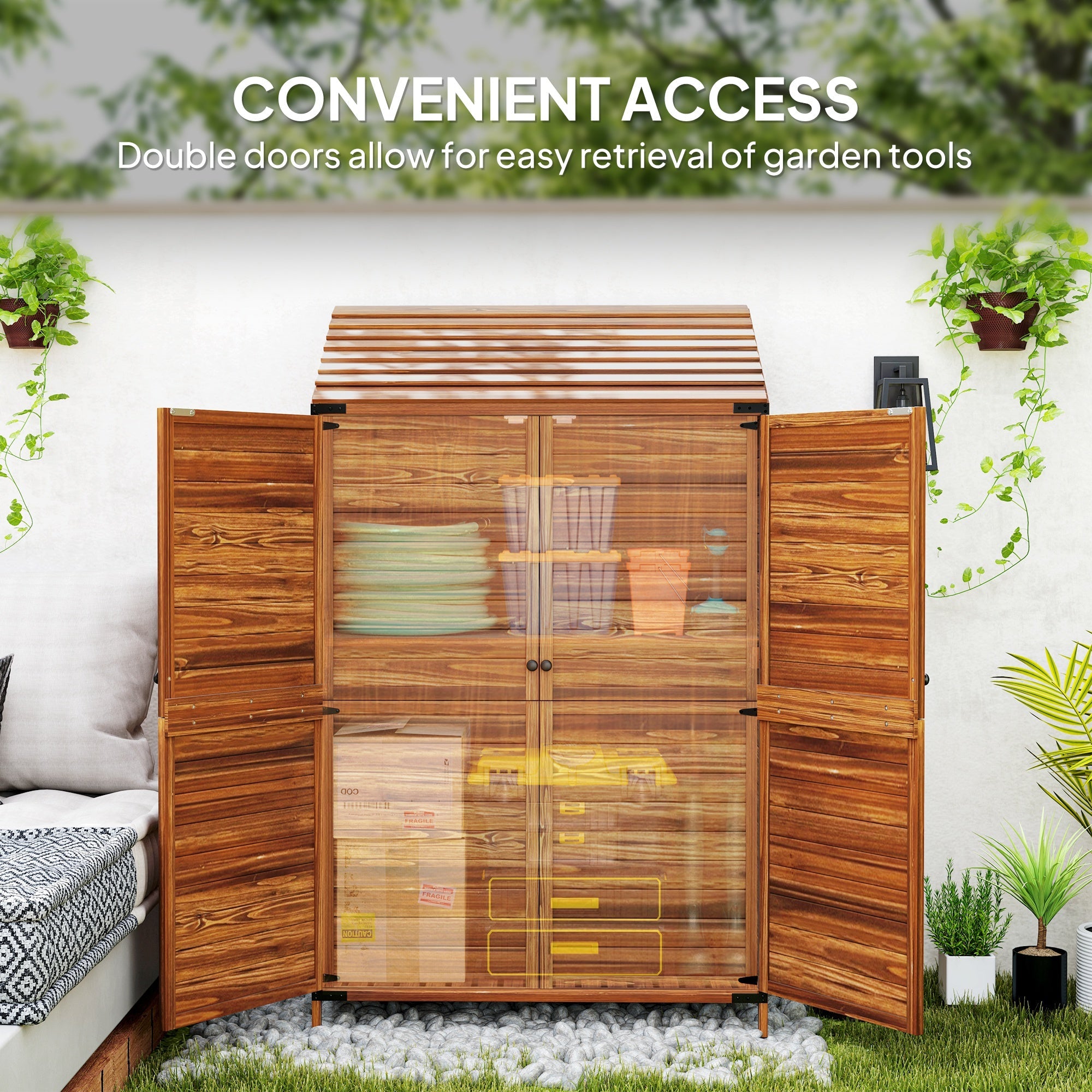 Outsunny Outdoor Storage Cabinet, Wooden Garden Storage Shed with Double Doors and Shelves for Garden Porch Deck, Mixed-Brown 