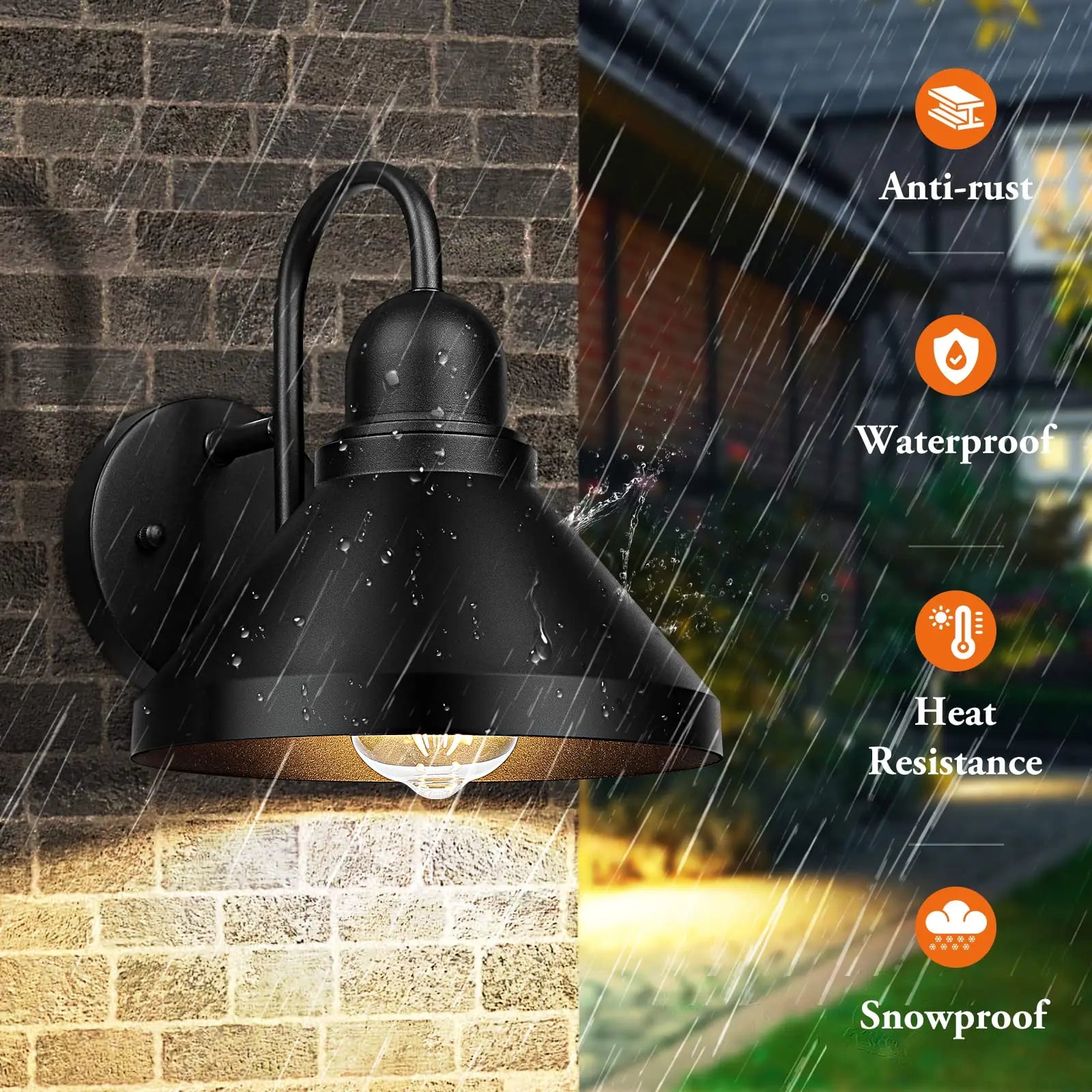 Gooseneck Outdoor Light Fixtures - 2-Pack Farmhouse Barn Lights for Porch, Industrial Black Wall Sconce, E26 Base 