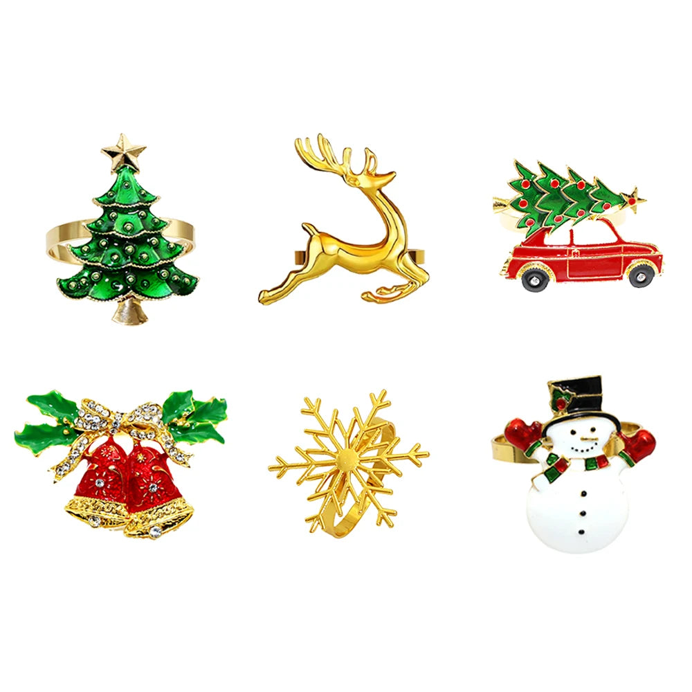 12Pcs Mixed Christmas Napkin Rings Xmas Tree Snowflake Car Wreath Bell Snowman Deer Napkin Holder for Christmas Party Table Deco