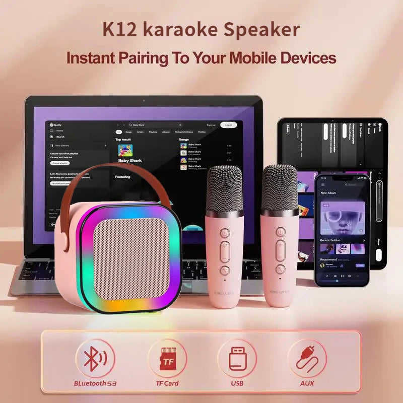 K12 Portable Karaoke Machine with Bluetooth, 5.3 PA System, Wireless Microphones, RGB Lights - Ideal for Home KTV and Kids' Gifts 