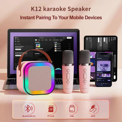 K12 Portable Karaoke Machine with Bluetooth, 5.3 PA System, Wireless Microphones, RGB Lights - Ideal for Home KTV and Kids' Gifts 