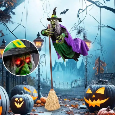 Halloween Flying Witch Decoration Large Hovering Witch Prop with Glowing Eyes Touch the Voice-activated Scary Sounding Witch 