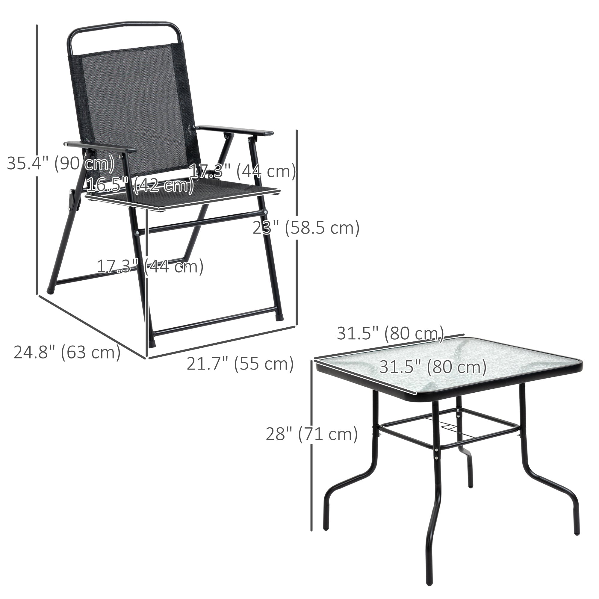 Outsunny 5 Pieces Patio Table and Chairs, Outdoor Dining Set with 4 Folding Chairs, Glass Tabletop and Parasol Hole, Black 