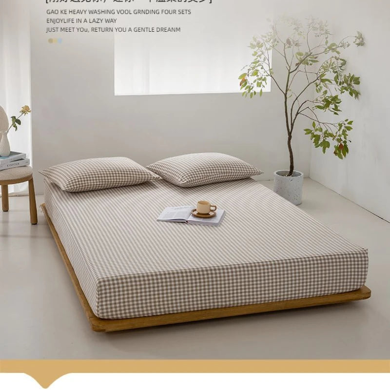 Korea Style Checkered Fitted Sheet - Single & Adult Couple, Washed Cotton Bed Cover, Mattress Protector, Fully Enclosed Package 