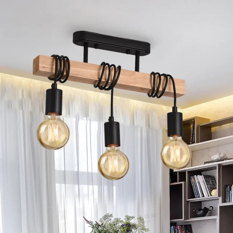 American Retro Wood Art Winding Suction Hanging Dual-Use Lamps – Living Room, Dining Room, Bedroom Chandelier, Ceiling Light