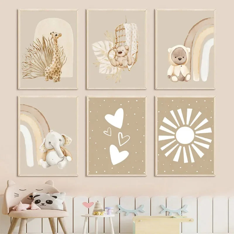 Boho Wall Posters – Bear, Giraffe, Elephant Art Painting, Rainbow Wall Art Pictures, Nursery Nordic Art Prints for Baby Kids Room Decor 